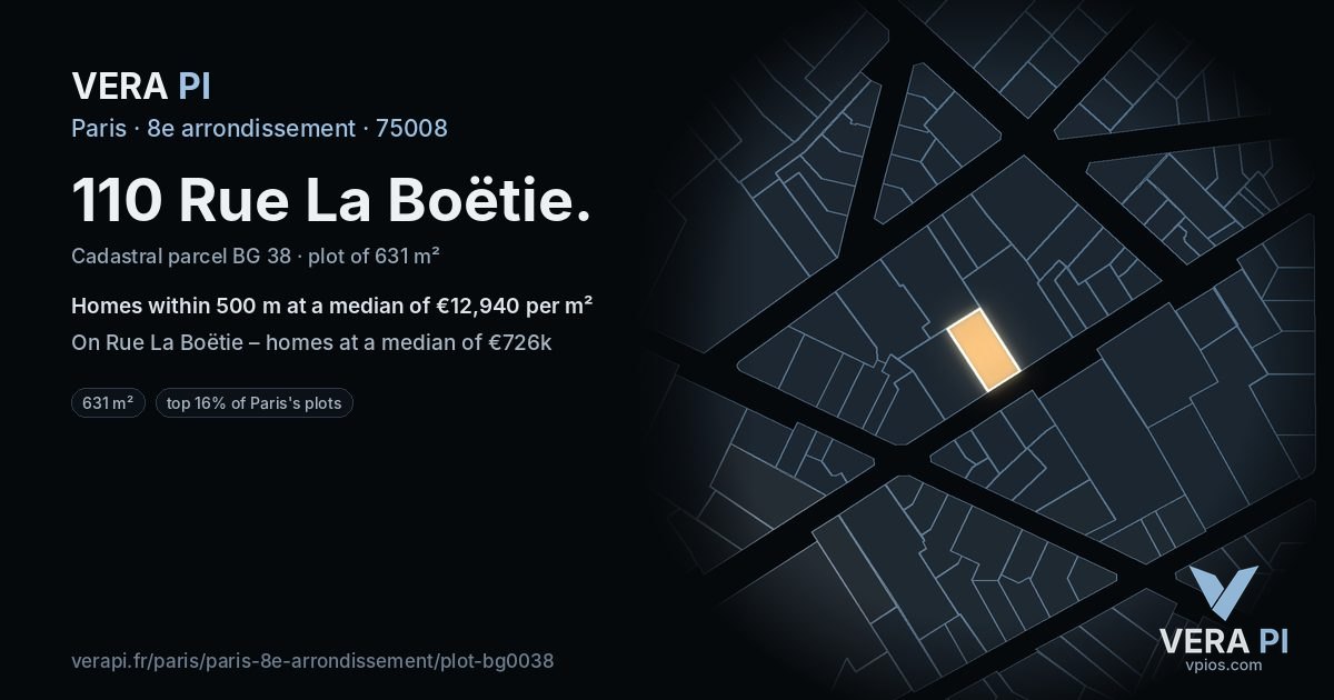 110 Rue La Boëtie, 8e arrondissement at night – the plot lit, the parcels around coloured by the prices near them