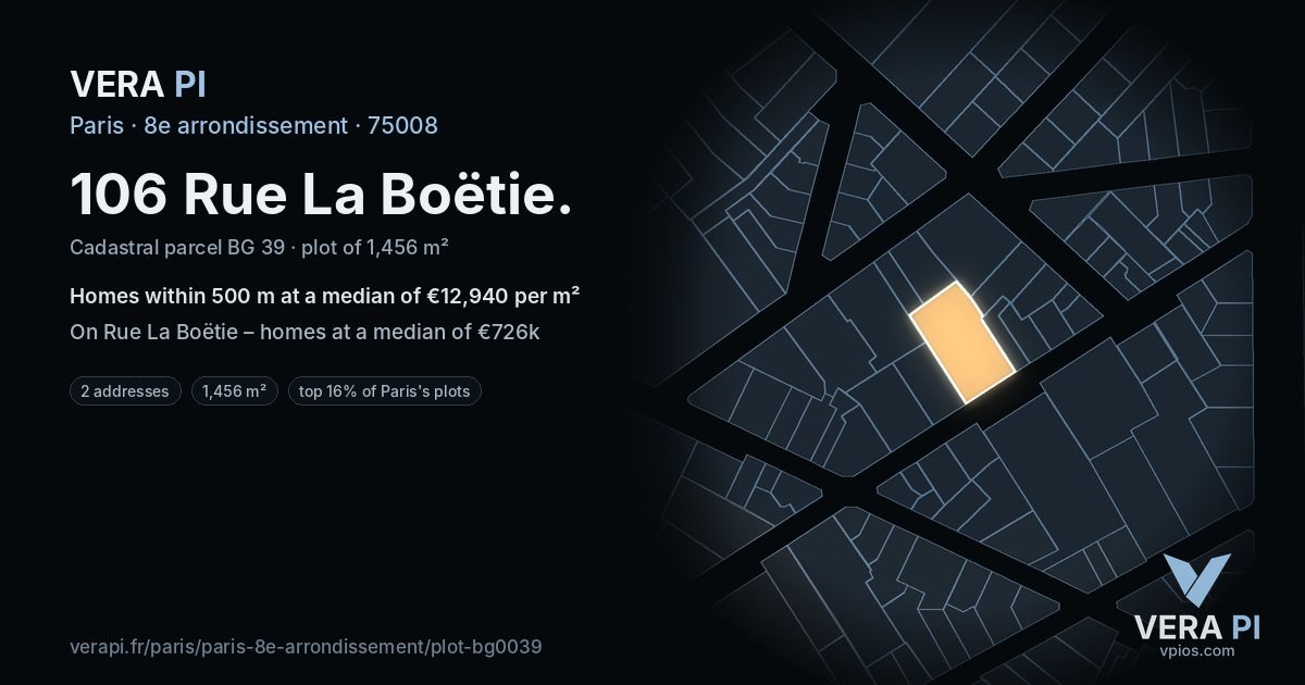 106 Rue La Boëtie, 8e arrondissement at night – the plot lit, the parcels around coloured by the prices near them