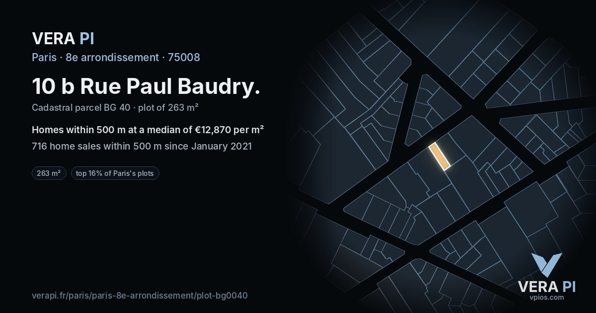 10 b Rue Paul Baudry, 8e arrondissement at night – the plot lit, the parcels around coloured by the prices near them