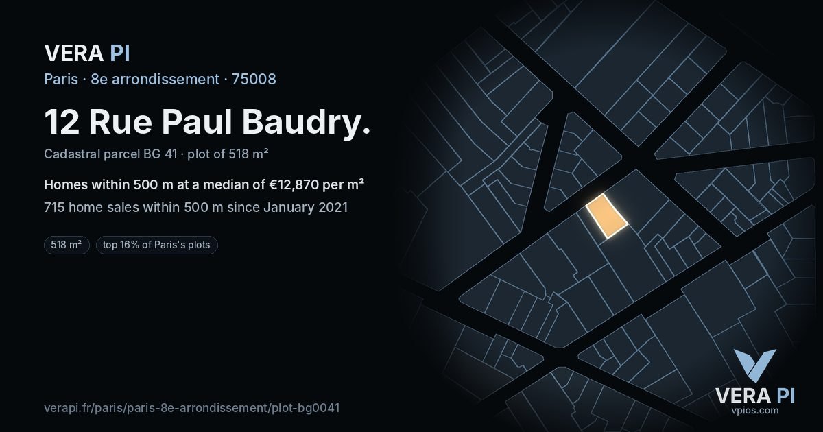 12 Rue Paul Baudry, 8e arrondissement at night – the plot lit, the parcels around coloured by the prices near them