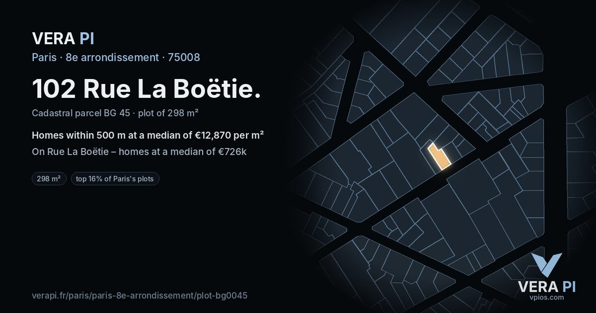 102 Rue La Boëtie, 8e arrondissement at night – the plot lit, the parcels around coloured by the prices near them
