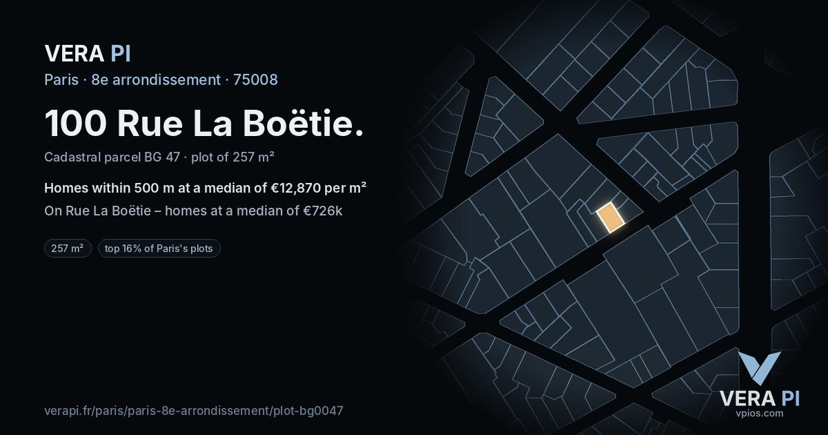 100 Rue La Boëtie, 8e arrondissement at night – the plot lit, the parcels around coloured by the prices near them