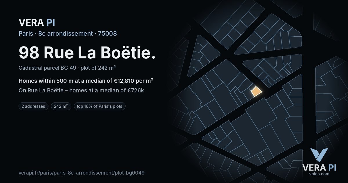 98 Rue La Boëtie, 8e arrondissement at night – the plot lit, the parcels around coloured by the prices near them