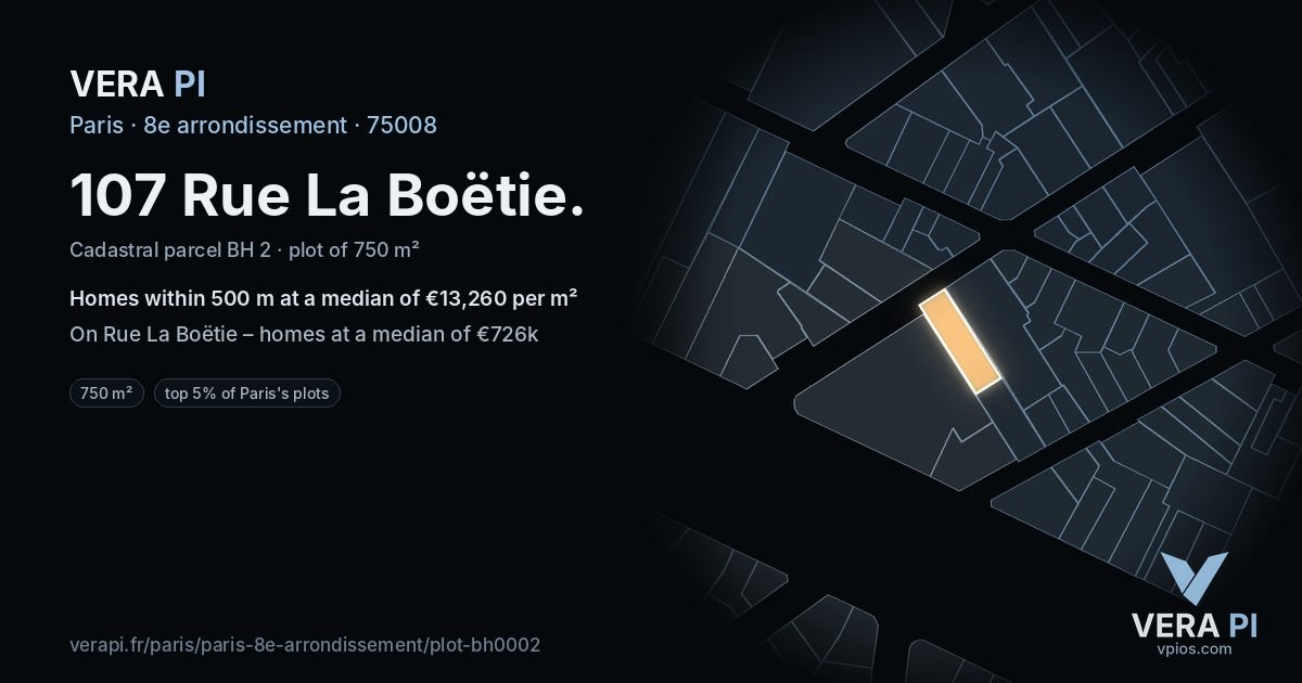 107 Rue La Boëtie, 8e arrondissement at night – the plot lit, the parcels around coloured by the prices near them