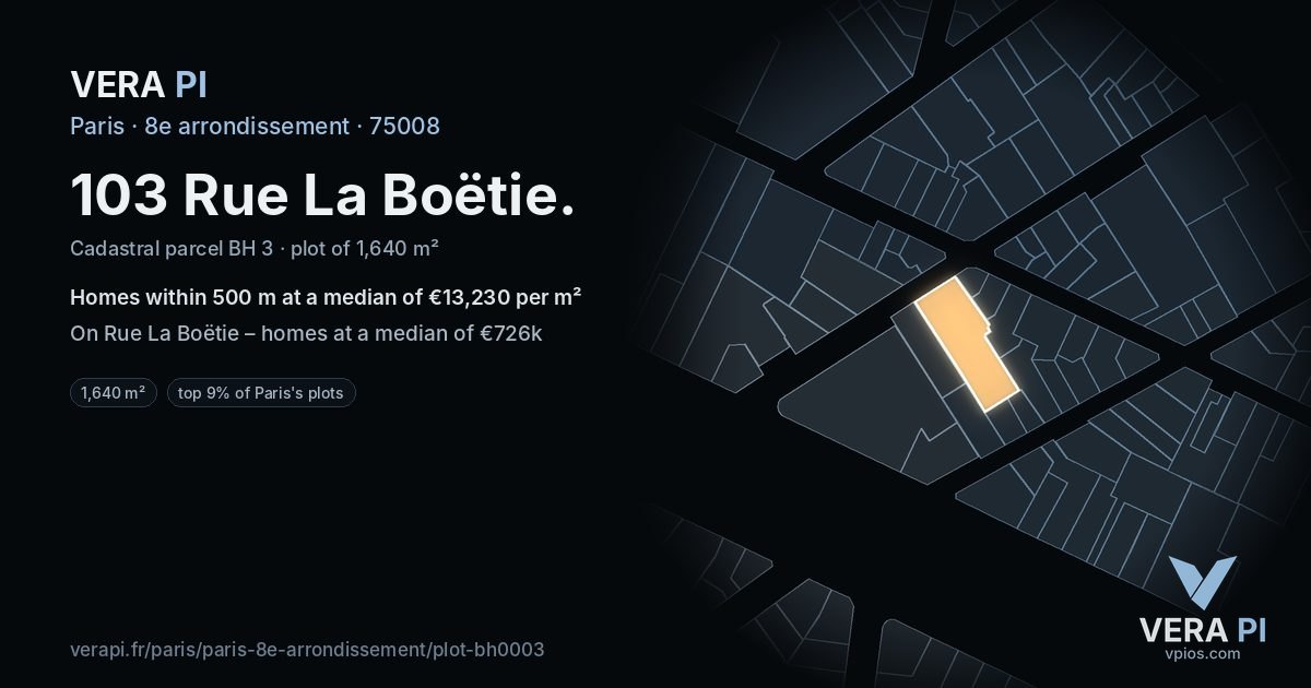103 Rue La Boëtie, 8e arrondissement at night – the plot lit, the parcels around coloured by the prices near them