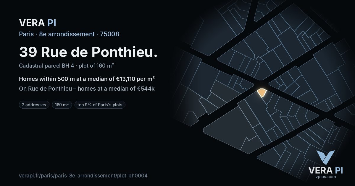 39 Rue de Ponthieu, 8e arrondissement at night – the plot lit, the parcels around coloured by the prices near them