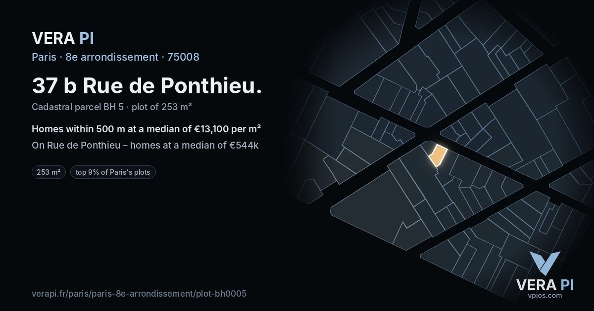 37 b Rue de Ponthieu, 8e arrondissement at night – the plot lit, the parcels around coloured by the prices near them