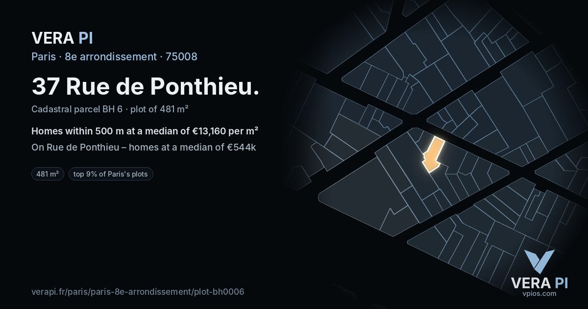 37 Rue de Ponthieu, 8e arrondissement at night – the plot lit, the parcels around coloured by the prices near them