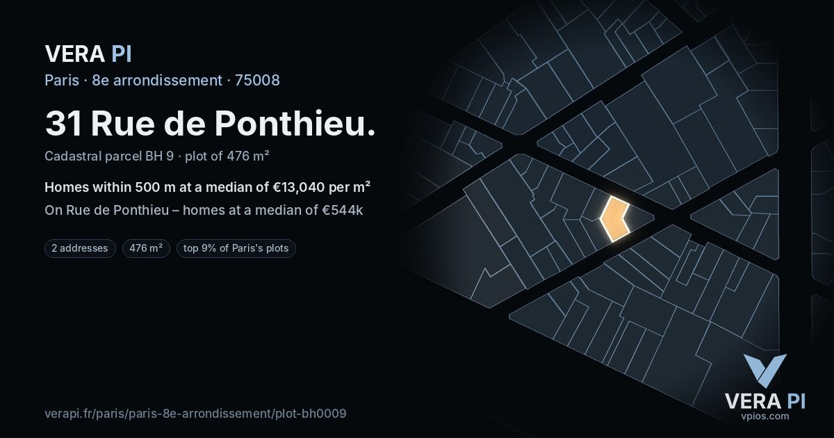 31 Rue de Ponthieu, 8e arrondissement at night – the plot lit, the parcels around coloured by the prices near them