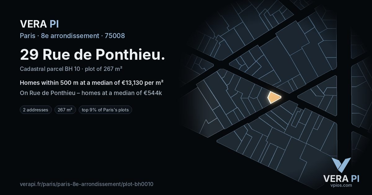 29 Rue de Ponthieu, 8e arrondissement at night – the plot lit, the parcels around coloured by the prices near them