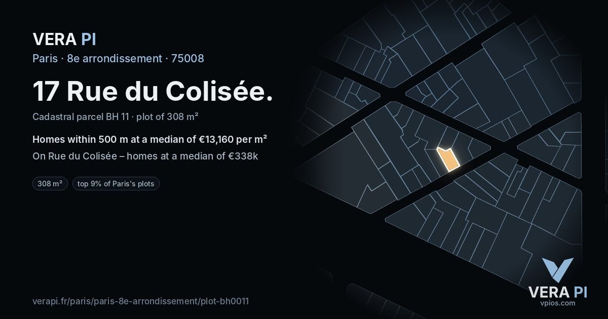 17 Rue du Colisée, 8e arrondissement at night – the plot lit, the parcels around coloured by the prices near them