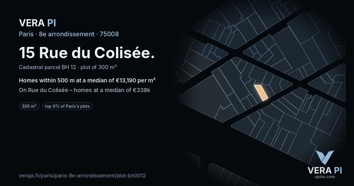 15 Rue du Colisée, 8e arrondissement at night – the plot lit, the parcels around coloured by the prices near them