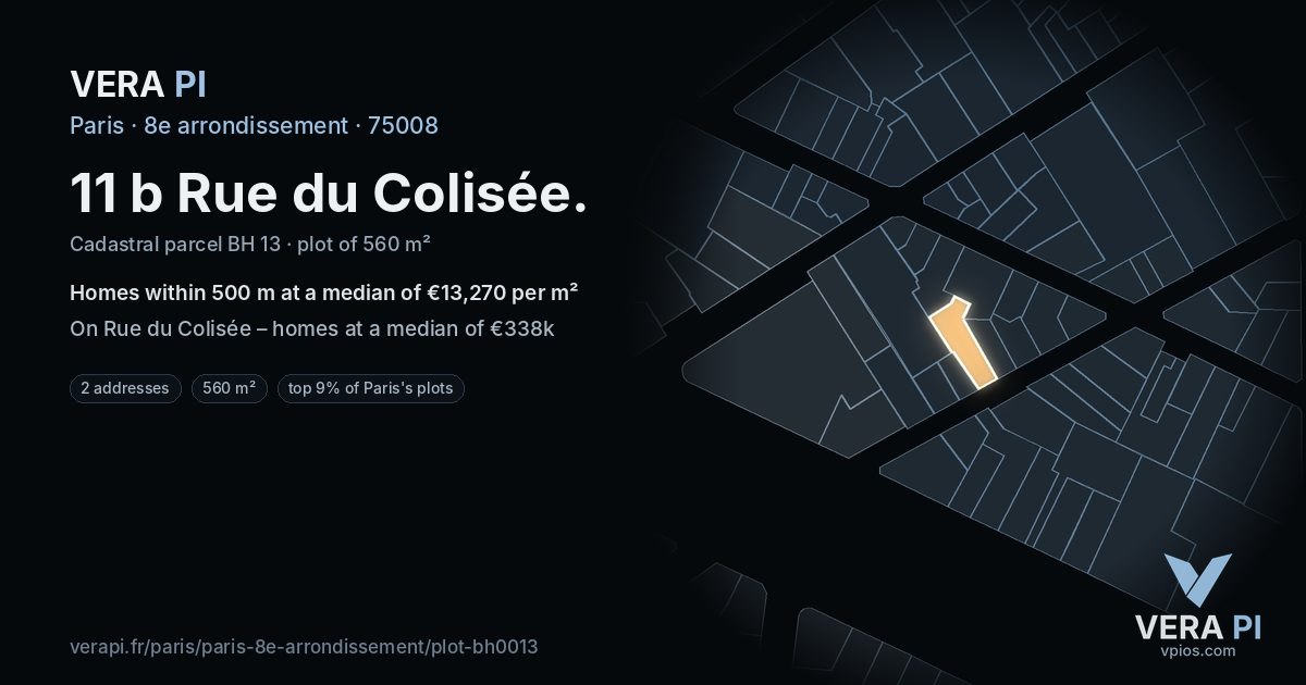 11 b Rue du Colisée, 8e arrondissement at night – the plot lit, the parcels around coloured by the prices near them