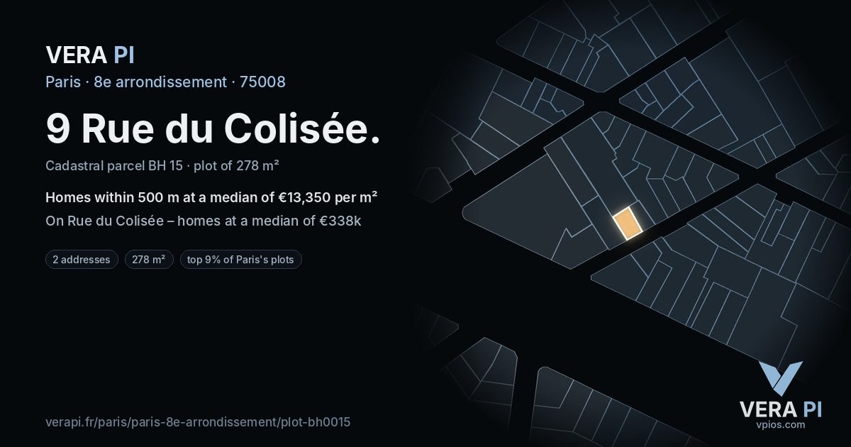 9 Rue du Colisée, 8e arrondissement at night – the plot lit, the parcels around coloured by the prices near them