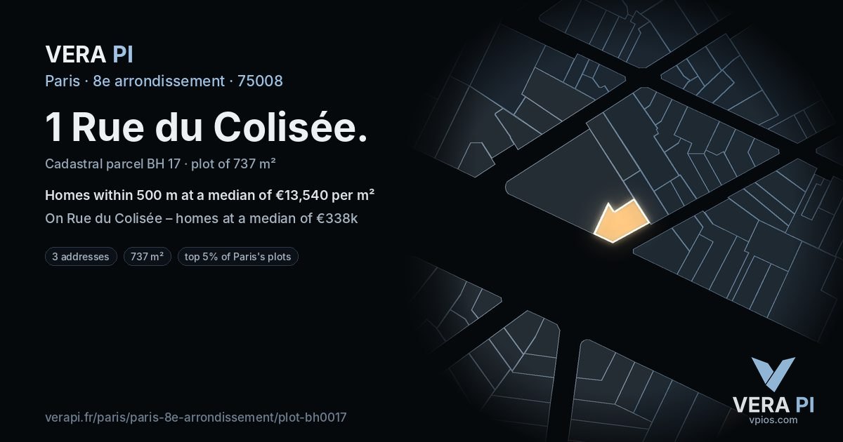 1 Rue du Colisée, 8e arrondissement at night – the plot lit, the parcels around coloured by the prices near them