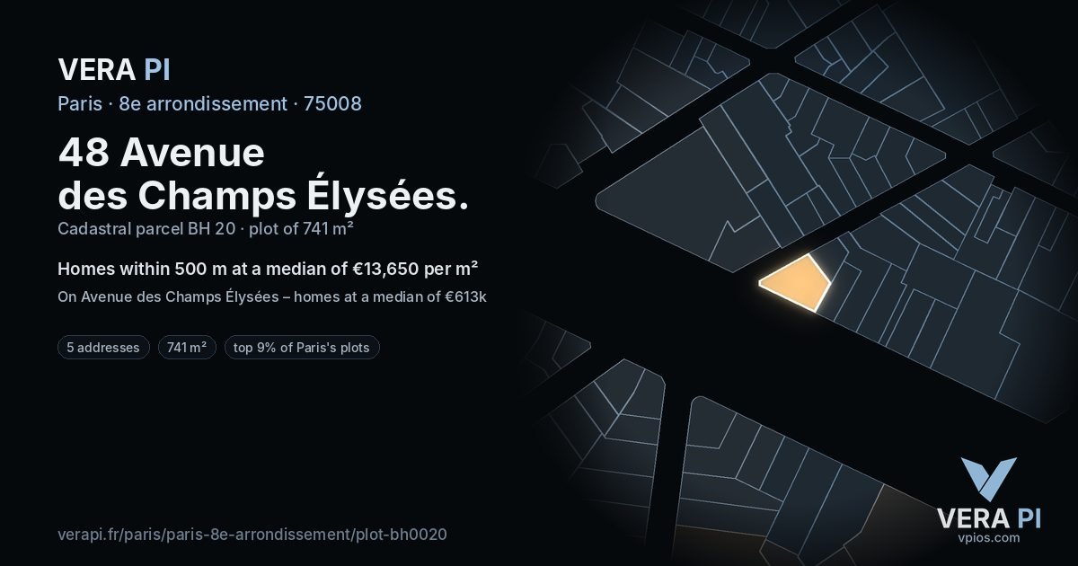 48 Avenue des Champs Élysées, 8e arrondissement at night – the plot lit, the parcels around coloured by the prices near them