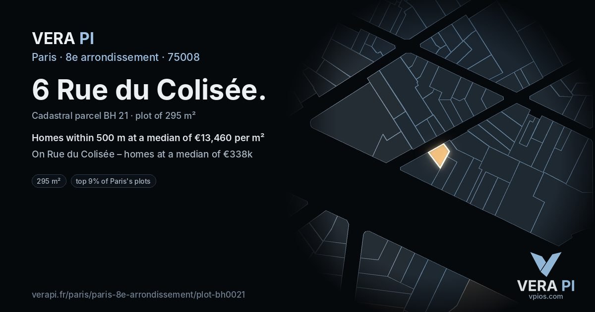 6 Rue du Colisée, 8e arrondissement at night – the plot lit, the parcels around coloured by the prices near them
