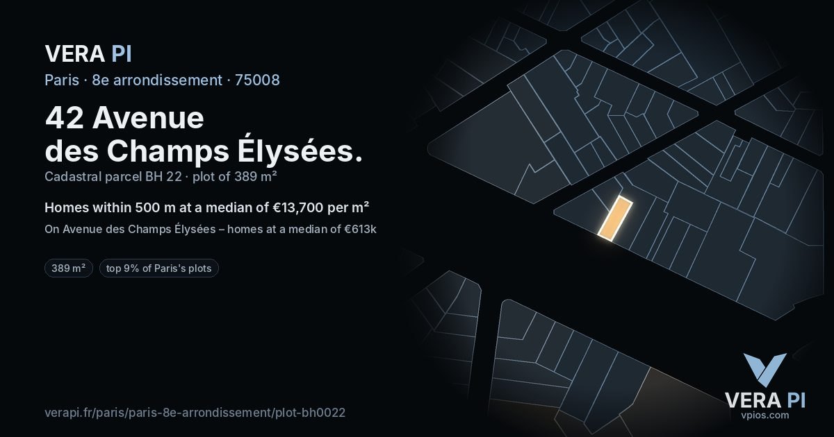 42 Avenue des Champs Élysées, 8e arrondissement at night – the plot lit, the parcels around coloured by the prices near them