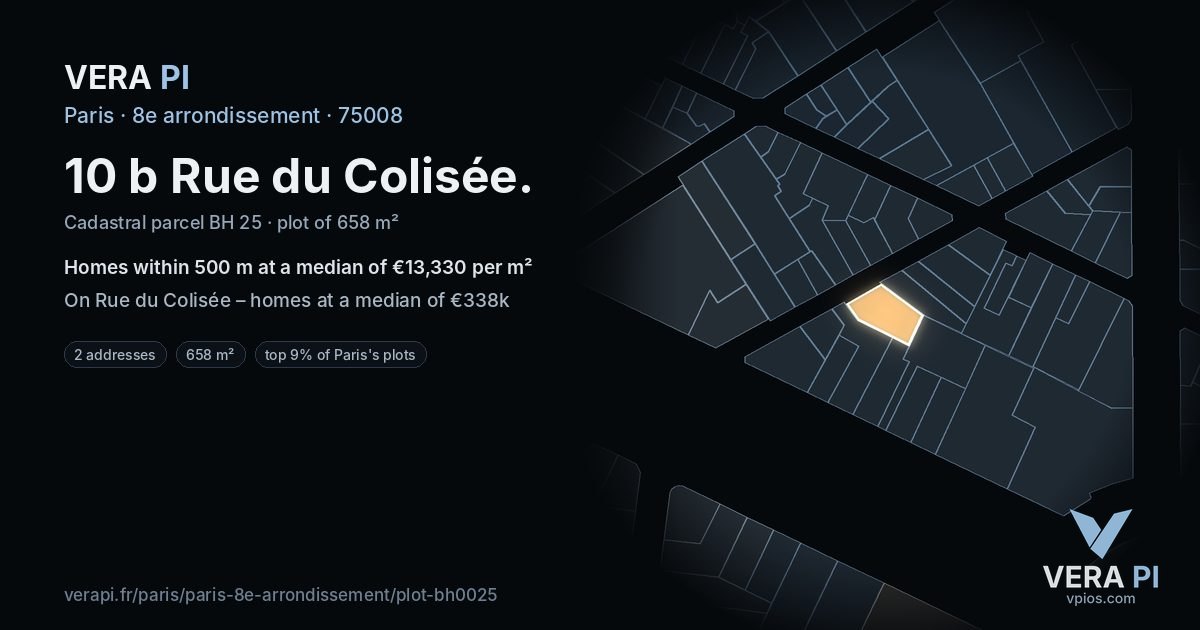 10 b Rue du Colisée, 8e arrondissement at night – the plot lit, the parcels around coloured by the prices near them