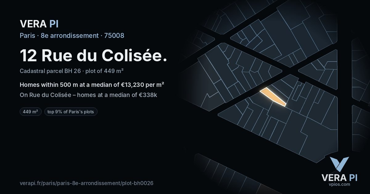 12 Rue du Colisée, 8e arrondissement at night – the plot lit, the parcels around coloured by the prices near them