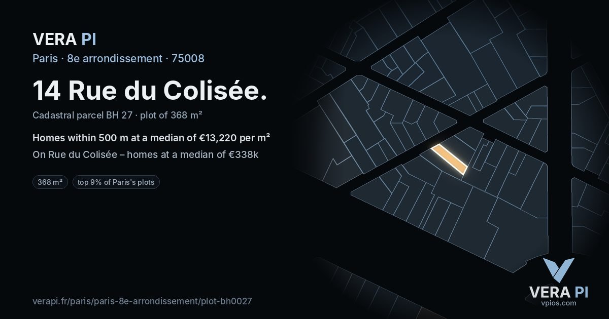 14 Rue du Colisée, 8e arrondissement at night – the plot lit, the parcels around coloured by the prices near them