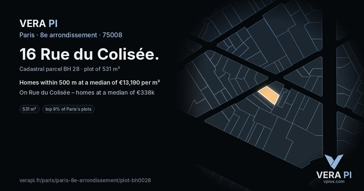 16 Rue du Colisée, 8e arrondissement at night – the plot lit, the parcels around coloured by the prices near them