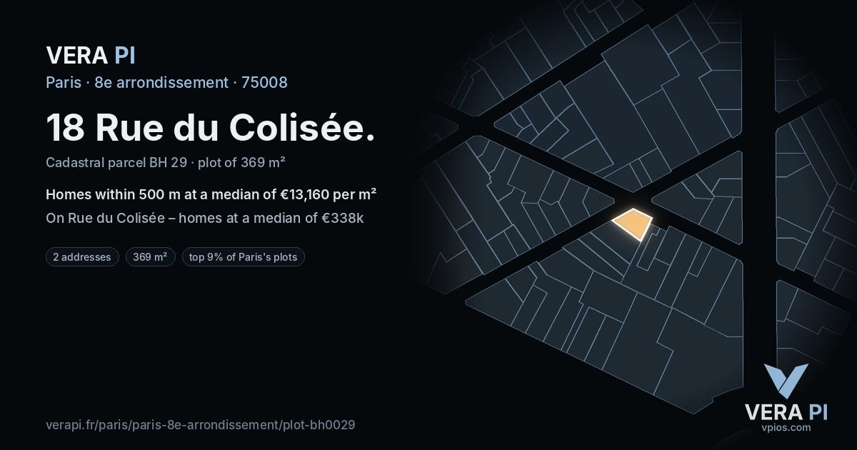 18 Rue du Colisée, 8e arrondissement at night – the plot lit, the parcels around coloured by the prices near them