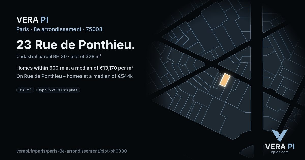 23 Rue de Ponthieu, 8e arrondissement at night – the plot lit, the parcels around coloured by the prices near them