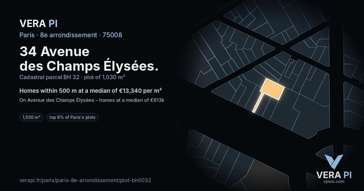 34 Avenue des Champs Élysées, 8e arrondissement at night – the plot lit, the parcels around coloured by the prices near them
