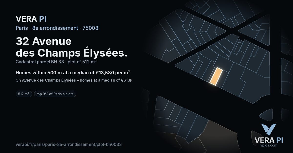 32 Avenue des Champs Élysées, 8e arrondissement at night – the plot lit, the parcels around coloured by the prices near them