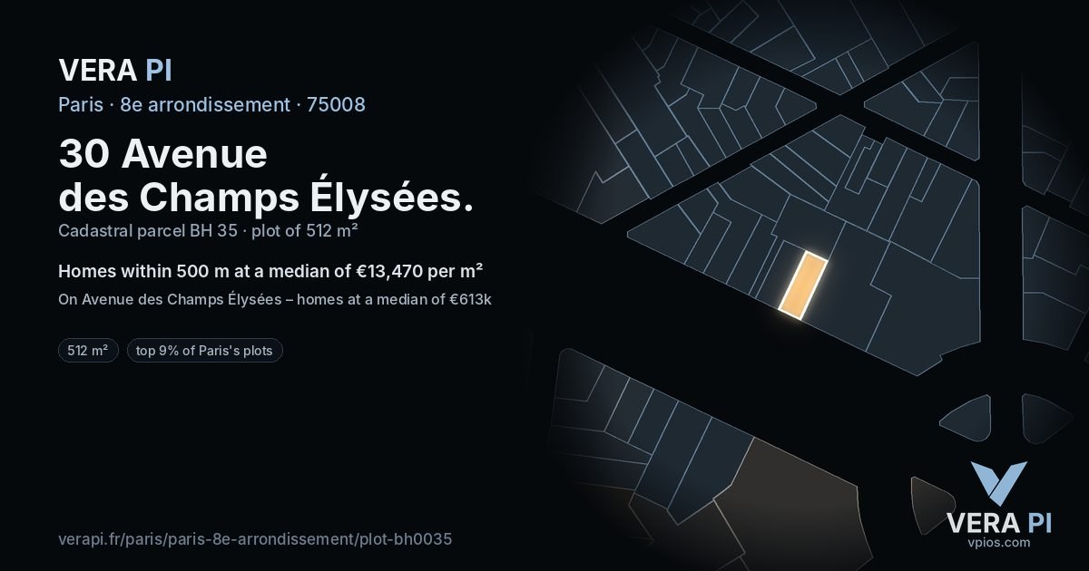 30 Avenue des Champs Élysées, 8e arrondissement at night – the plot lit, the parcels around coloured by the prices near them
