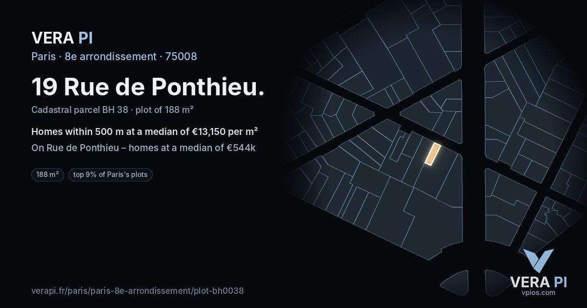 19 Rue de Ponthieu, 8e arrondissement at night – the plot lit, the parcels around coloured by the prices near them