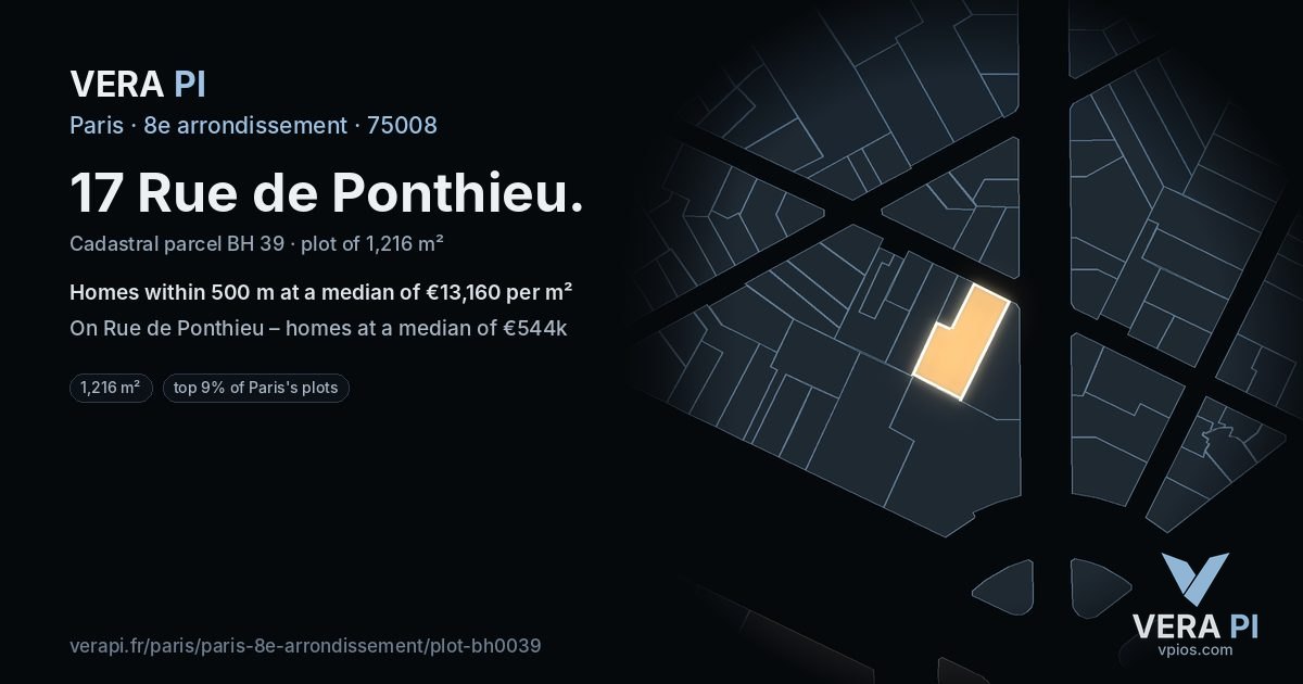 17 Rue de Ponthieu, 8e arrondissement at night – the plot lit, the parcels around coloured by the prices near them