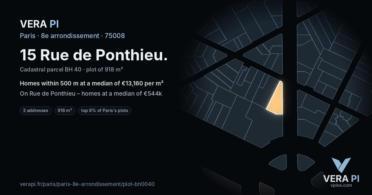 15 Rue de Ponthieu, 8e arrondissement at night – the plot lit, the parcels around coloured by the prices near them