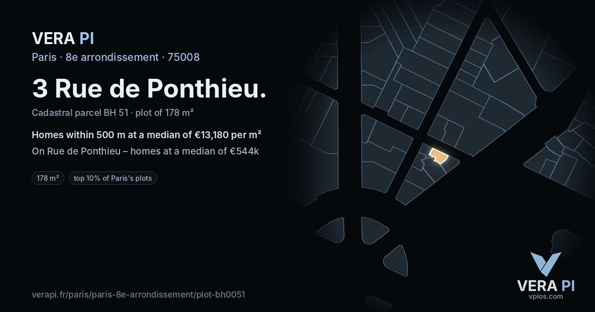 3 Rue de Ponthieu, 8e arrondissement at night – the plot lit, the parcels around coloured by the prices near them