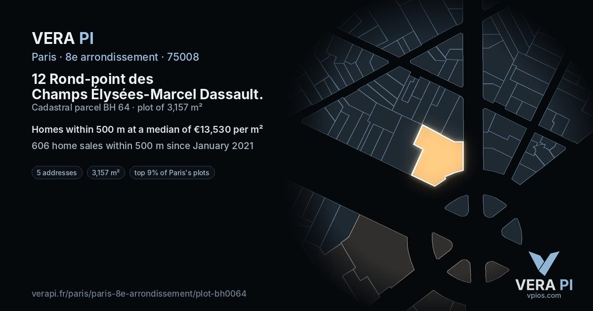 12 Rond-point des Champs Élysées-Marcel Dassault, 8e arrondissement at night – the plot lit, the parcels around coloured by the prices near them