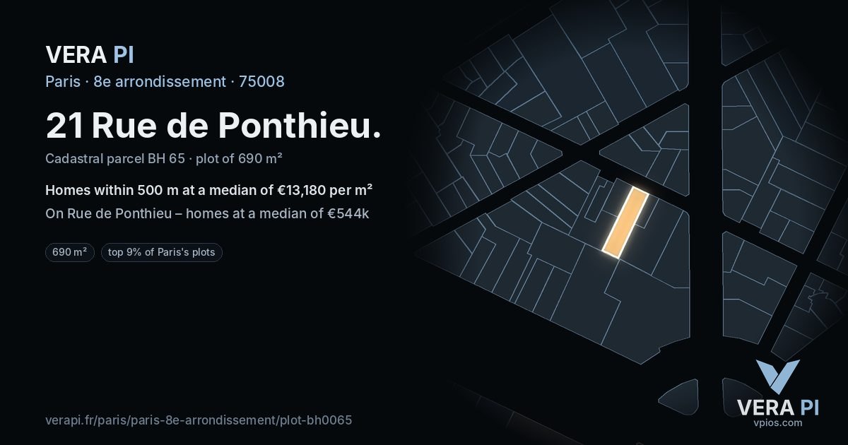 21 Rue de Ponthieu, 8e arrondissement at night – the plot lit, the parcels around coloured by the prices near them