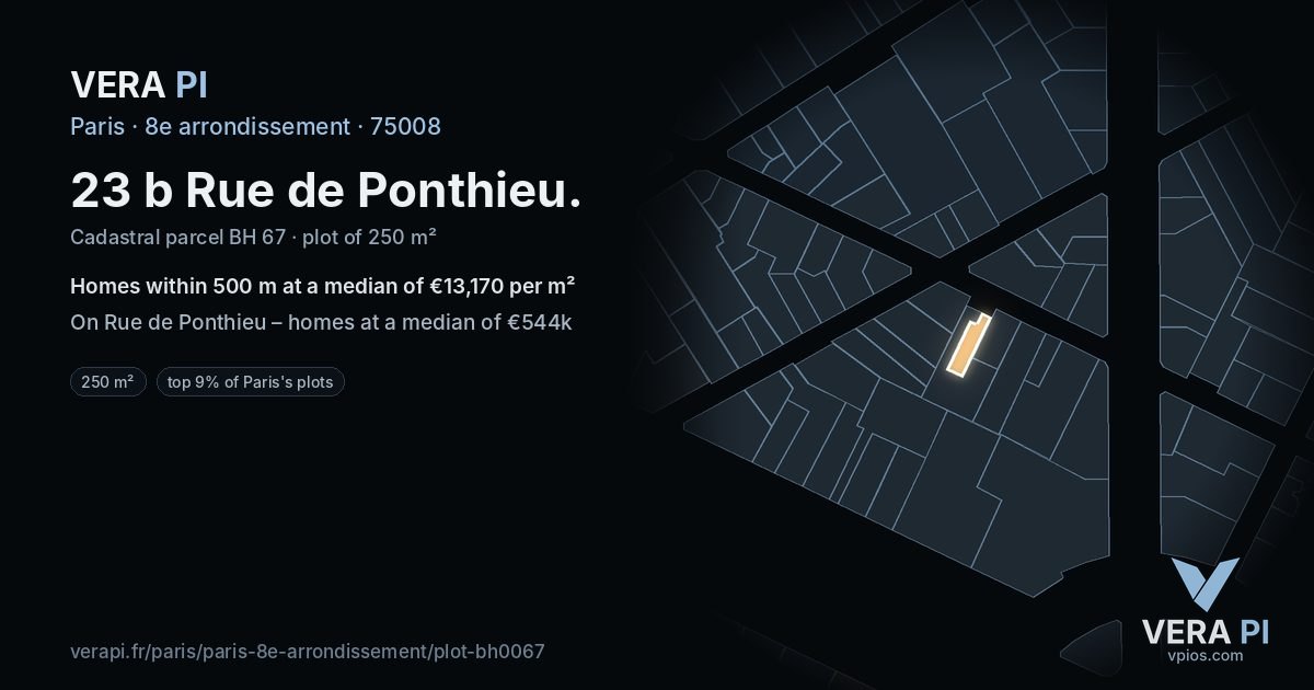 23 b Rue de Ponthieu, 8e arrondissement at night – the plot lit, the parcels around coloured by the prices near them