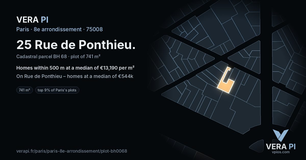 25 Rue de Ponthieu, 8e arrondissement at night – the plot lit, the parcels around coloured by the prices near them