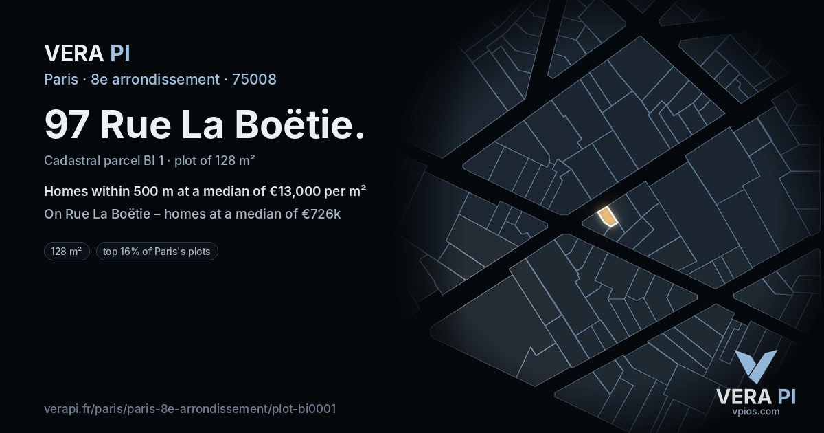 97 Rue La Boëtie, 8e arrondissement at night – the plot lit, the parcels around coloured by the prices near them