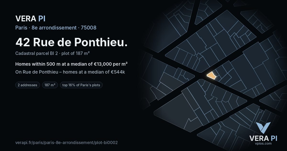 42 Rue de Ponthieu, 8e arrondissement at night – the plot lit, the parcels around coloured by the prices near them