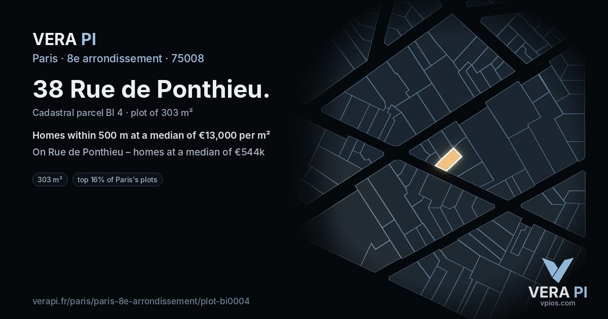 38 Rue de Ponthieu, 8e arrondissement at night – the plot lit, the parcels around coloured by the prices near them