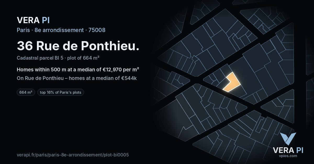 36 Rue de Ponthieu, 8e arrondissement at night – the plot lit, the parcels around coloured by the prices near them