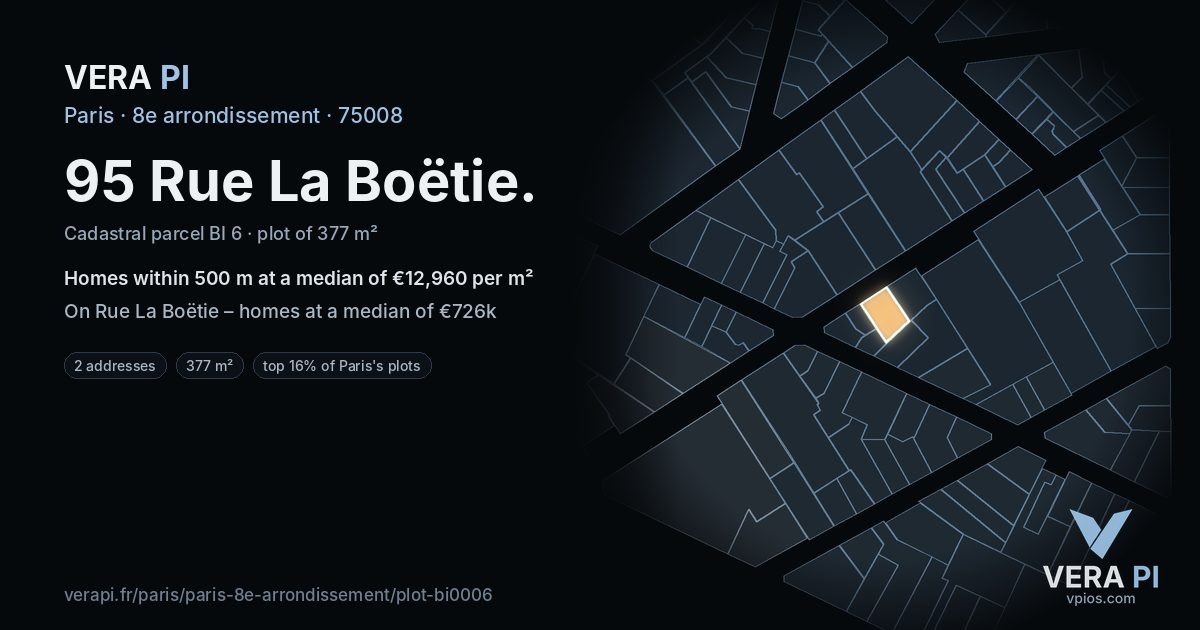 95 Rue La Boëtie, 8e arrondissement at night – the plot lit, the parcels around coloured by the prices near them