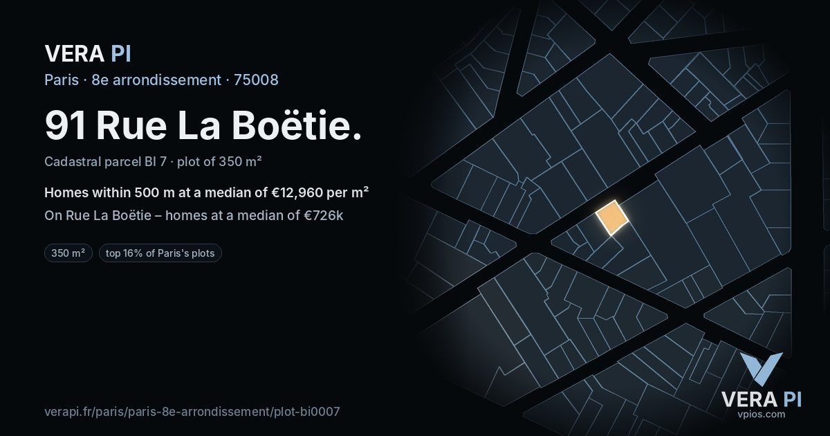 91 Rue La Boëtie, 8e arrondissement at night – the plot lit, the parcels around coloured by the prices near them