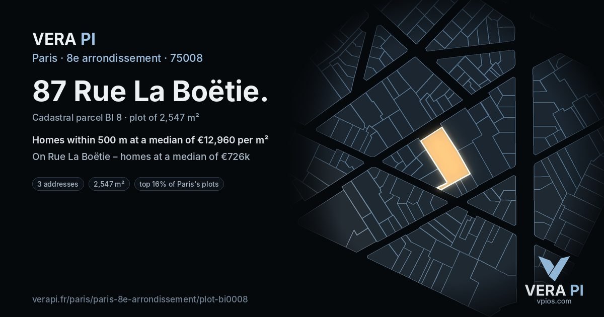 87 Rue La Boëtie, 8e arrondissement at night – the plot lit, the parcels around coloured by the prices near them