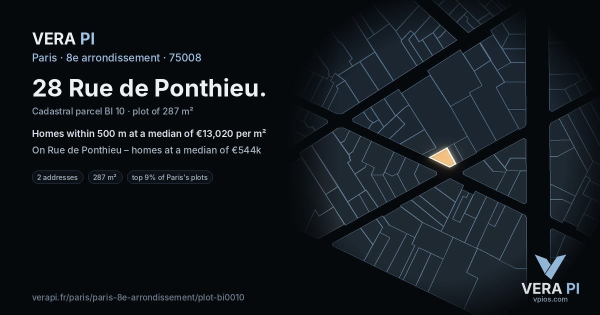28 Rue de Ponthieu, 8e arrondissement at night – the plot lit, the parcels around coloured by the prices near them