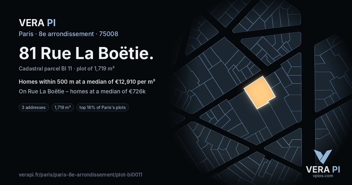 81 Rue La Boëtie, 8e arrondissement at night – the plot lit, the parcels around coloured by the prices near them