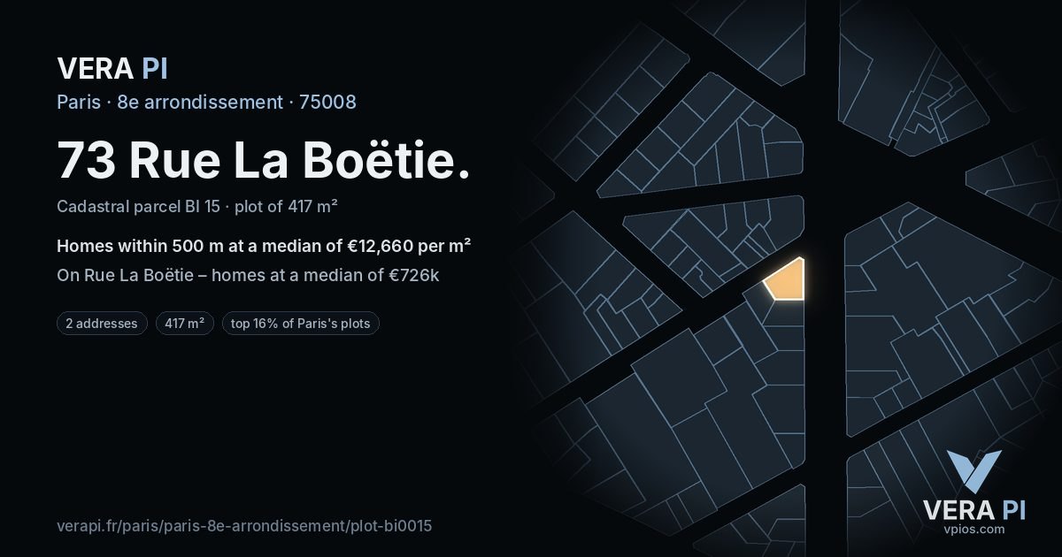 73 Rue La Boëtie, 8e arrondissement at night – the plot lit, the parcels around coloured by the prices near them