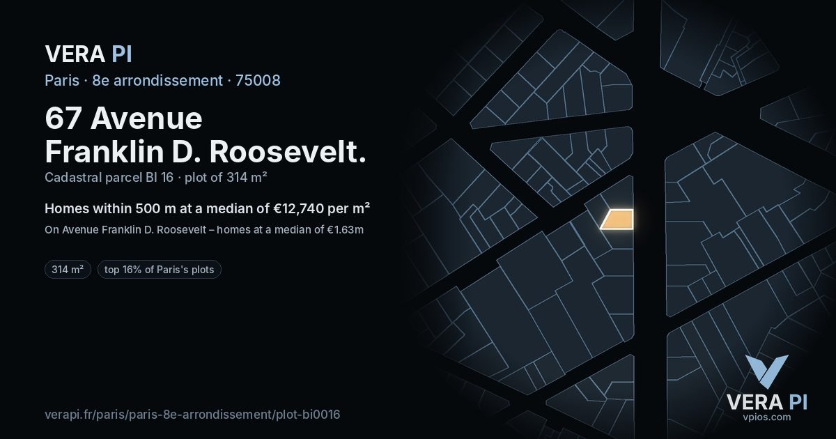 67 Avenue Franklin D. Roosevelt, 8e arrondissement at night – the plot lit, the parcels around coloured by the prices near them